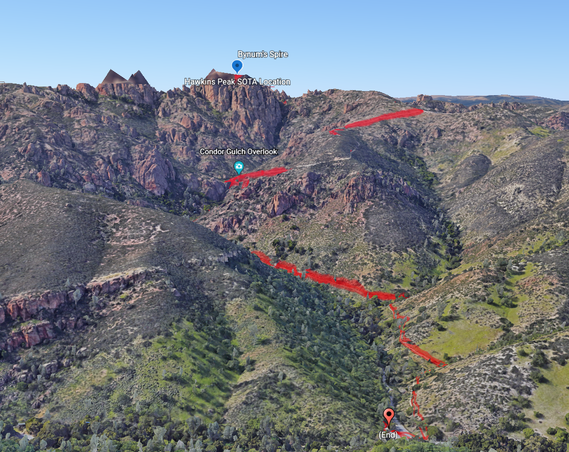 Google Earth view of our route from the East side of the Pinnacles National Park.